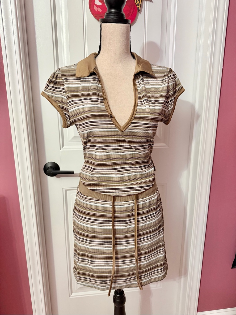 Retro Y2K Striped Two Piece Skirt Set Size L Crop Top & Skirt Set